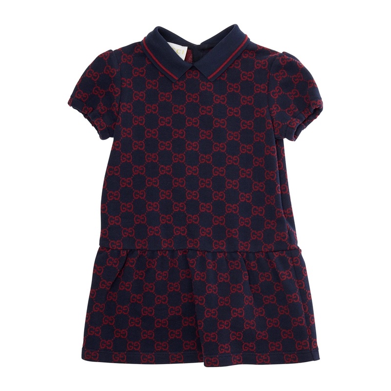 Blue Dress with Peter Pan Collar and GG All-Over Pattern in Cotton Baby