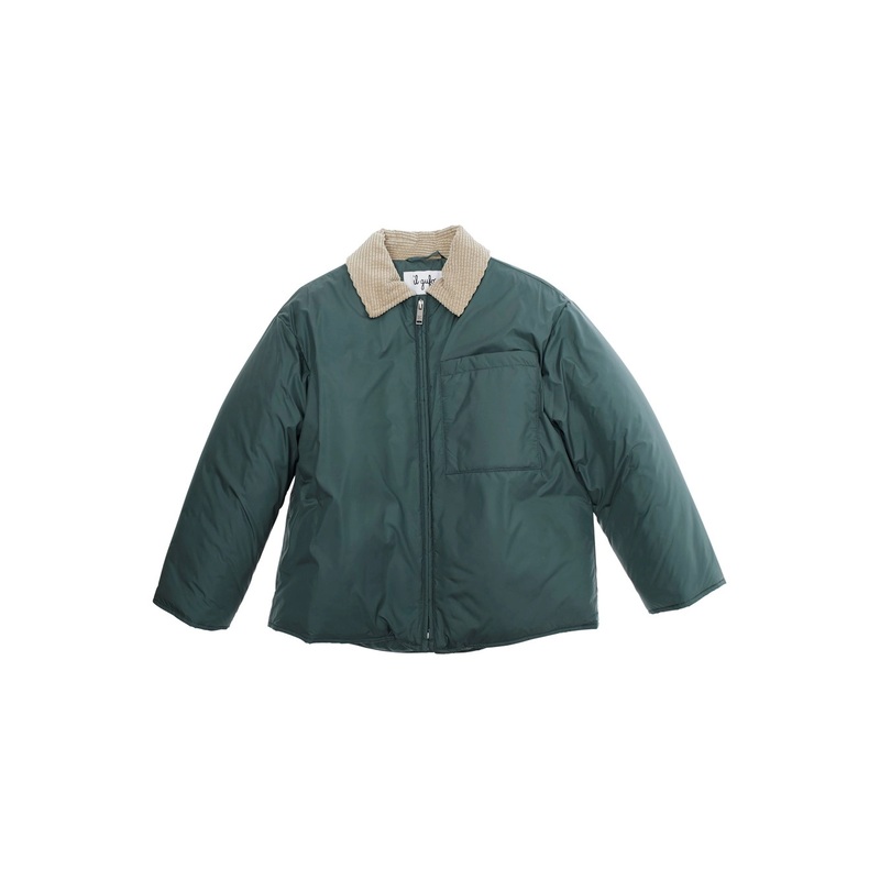 Green Jacket with Corduroy Collar and One Front Patch Pocket in Tech Fabric Boy