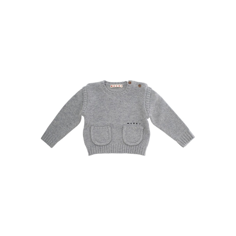 Grey Crew Neck Sweater with Logo Lettering on the Front in Wool Blend Baby