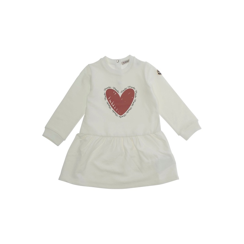 White Crewneck Dress with Heart Print on the Front and Logo Patch on the Sleeve in Cotton Stretch Baby