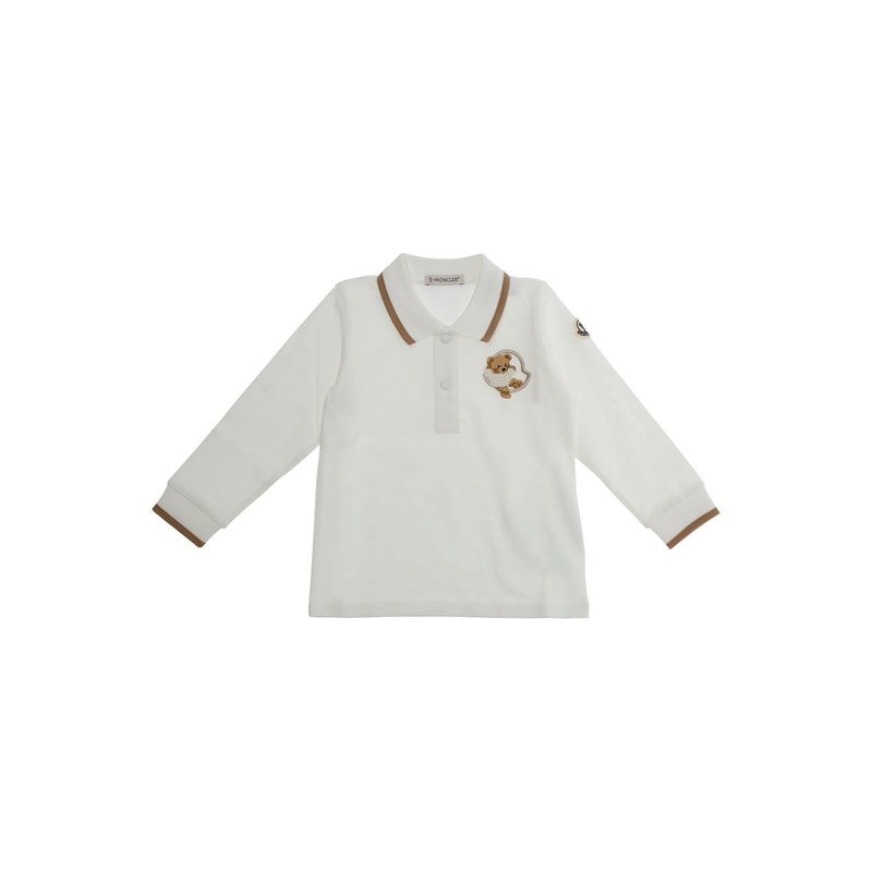 White Polo Shirt with Logo Patch on Front and Sleeve in Cotton Stretch Baby