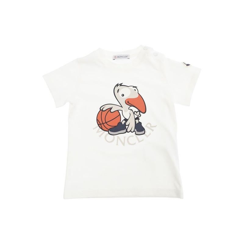 White T-Shirt with Front Print and Logo Patch in Cotton Baby