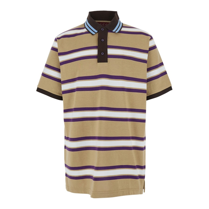 Beige Polo Shirt with Logo Imprinted on the Front and All-Over Striped Motif in Cotton Man