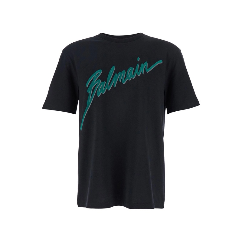 Black Crewneck T-Shirt with Logo Lettering Print on the Front in Cotton Man