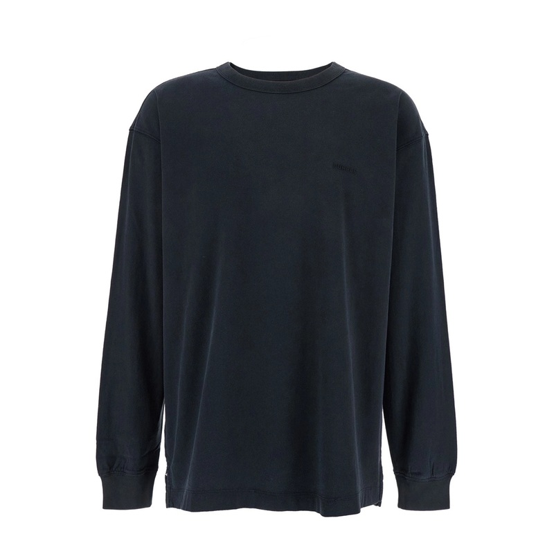 Black Crewneck T-Shirt with Long Sleeves and Tonal Logo Lettering Embroidery on the Front in Cotton Man