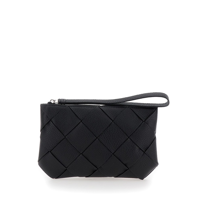 Black Medium Clutch with Intreccio Motif in Grained Leather Man