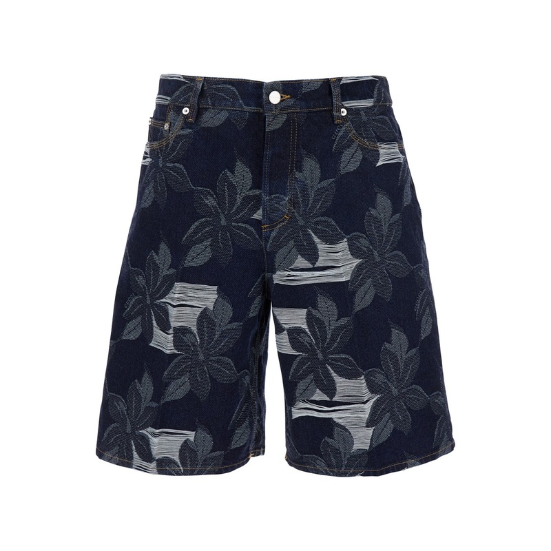 Blue Bermuda Shorts with All-Over Floral Embroidery and Logo Patch on the Back in Denim Man