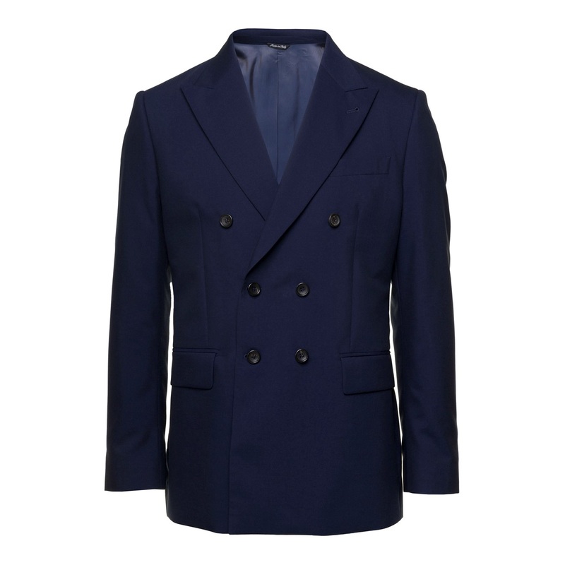 Blue Double-breasted Blazer with Pointed Reverses in Wool and Cotton Blend Man