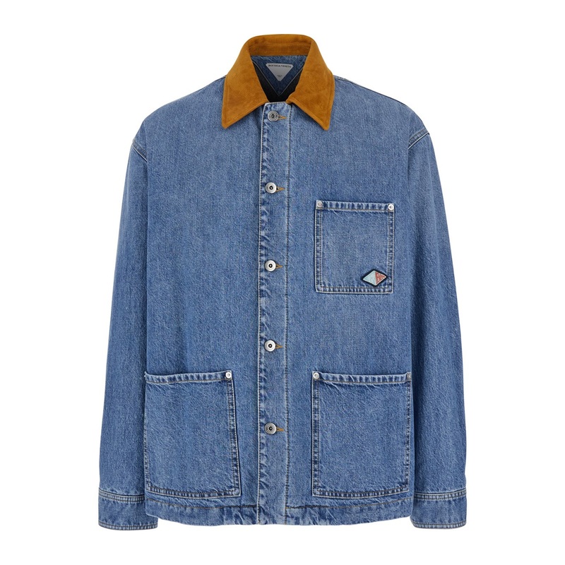 Blue Jacket with Suede Collar and Logo Patch in Denim Man