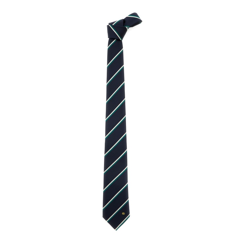 Blue Tie with Diagonal Stripe Pattern and Embroidered Logo Detail in Silk Man