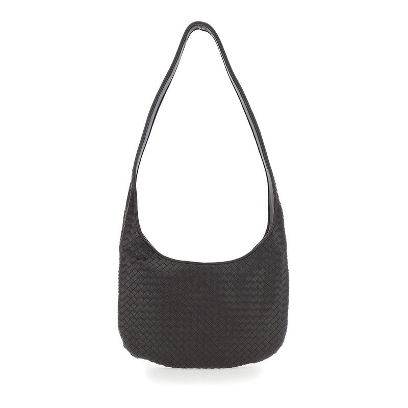 Brown Crossbody Bag with Top Zip Closure and Intrecciato Motif in Leather Man