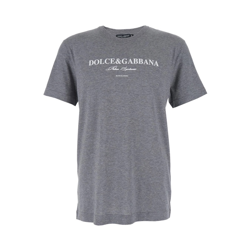 Grey Crewneck T-Shirt with Logo Lettering Print on the Front in Cotton Man
