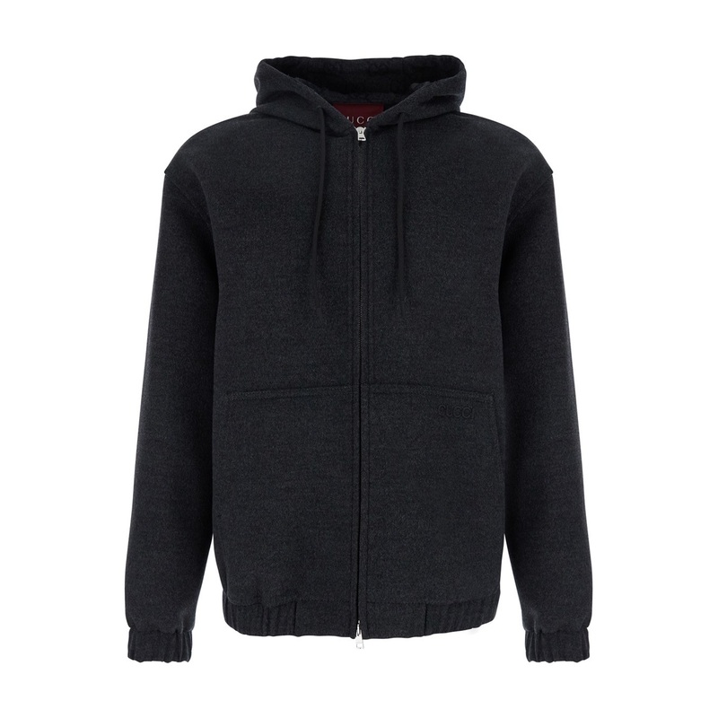 Grey Hooded Jacket with Logo Embroidery on the Front in Wool Man