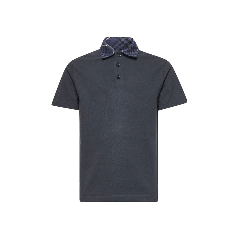 Grey piqu cotton Check collar polo shirt