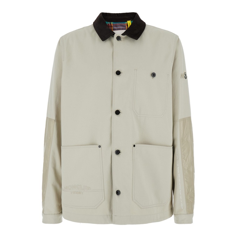‘Jeike’ Beige Jacket with Ribbed Classic Collar and Logo Patch on the Sleeve in Cotton Man