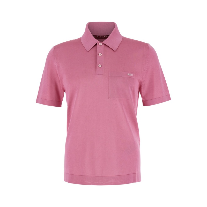 Pink Polo Shirt with Chest Pocket and Embroidered Logo on the Front in Fine Silk Knit Man