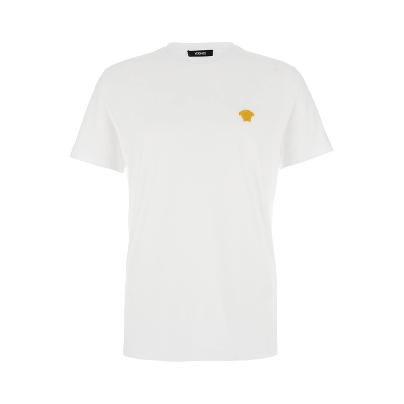 White Crewneck T-Shirt with Medusa Embroidery on the Front in Cotton Man