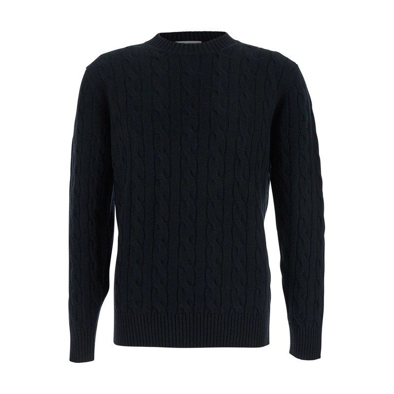 Black Crew Neck Sweater with Braided Design in Wool Man
