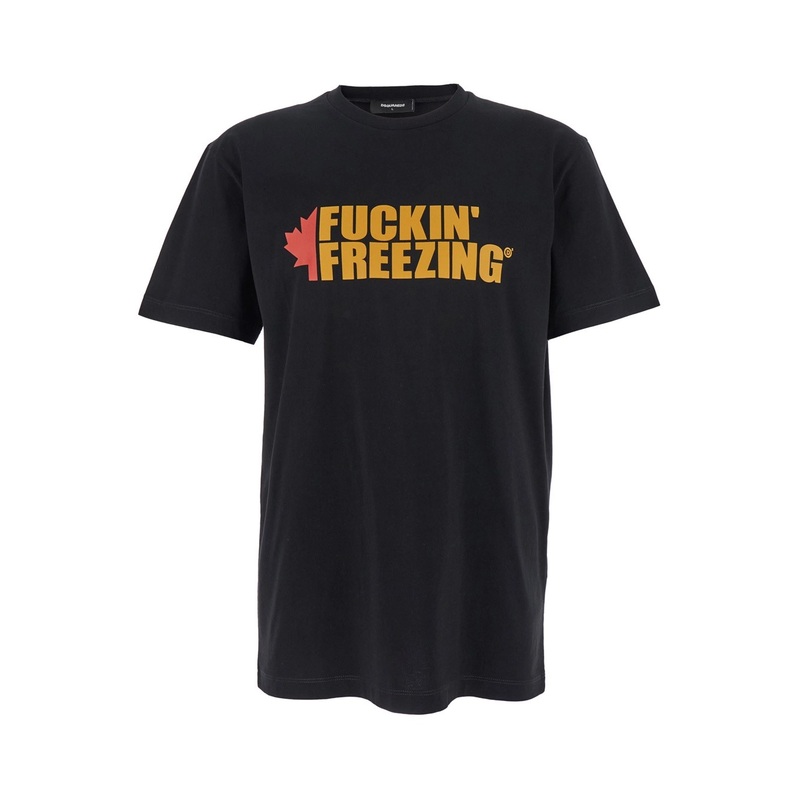 Black Crewneck T-Shirt with Print on the Front and Logo Lettering on the Rear in Cotton Man