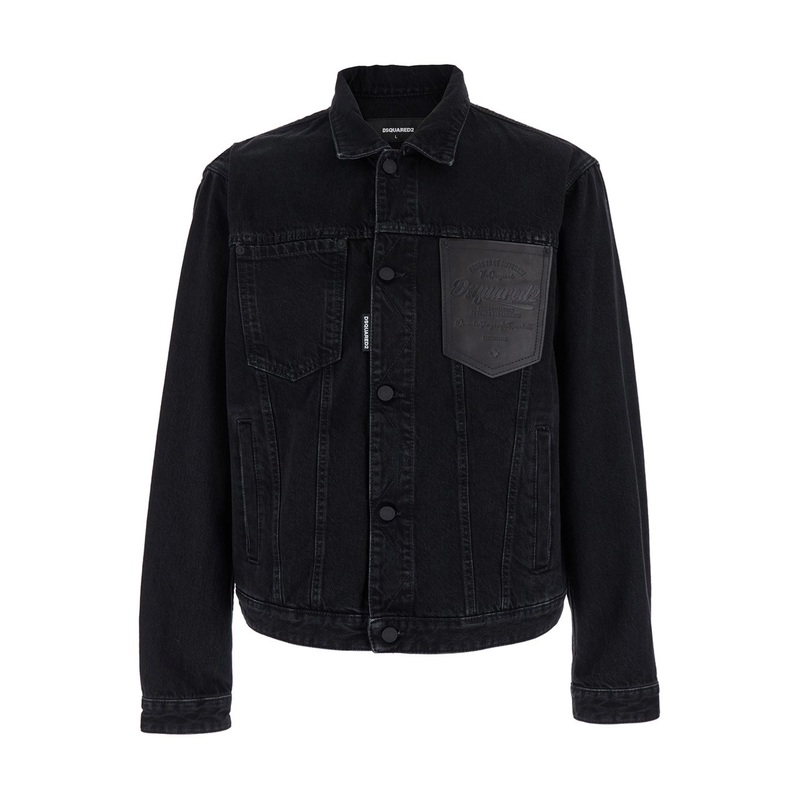 Black Jacket with Classic Collar and Embossed Logo on the Front in Denim Man