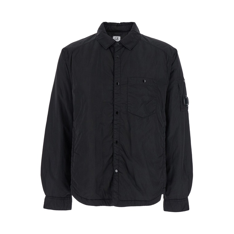 Black Jacket with Classic Collar and Logo Plaque on the Sleeve in Tech Fabric Man