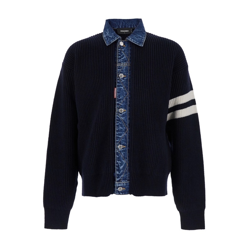 Blue Cardigan with Denim Panels and Striped Details on the Sleeve in Wool and Cashmere Man