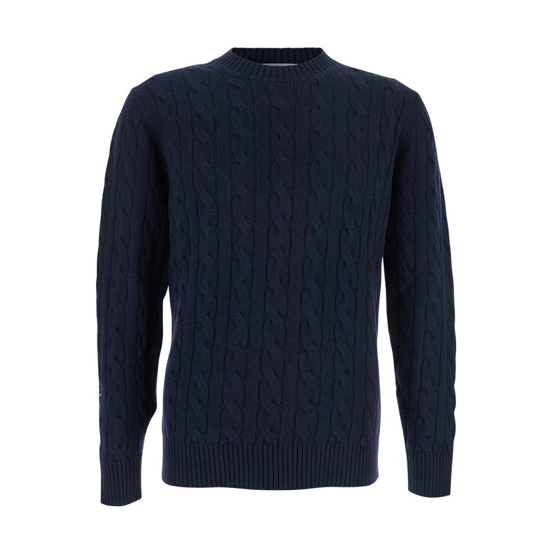 Blue Crew Neck Sweater with Braided Design in Wool Man