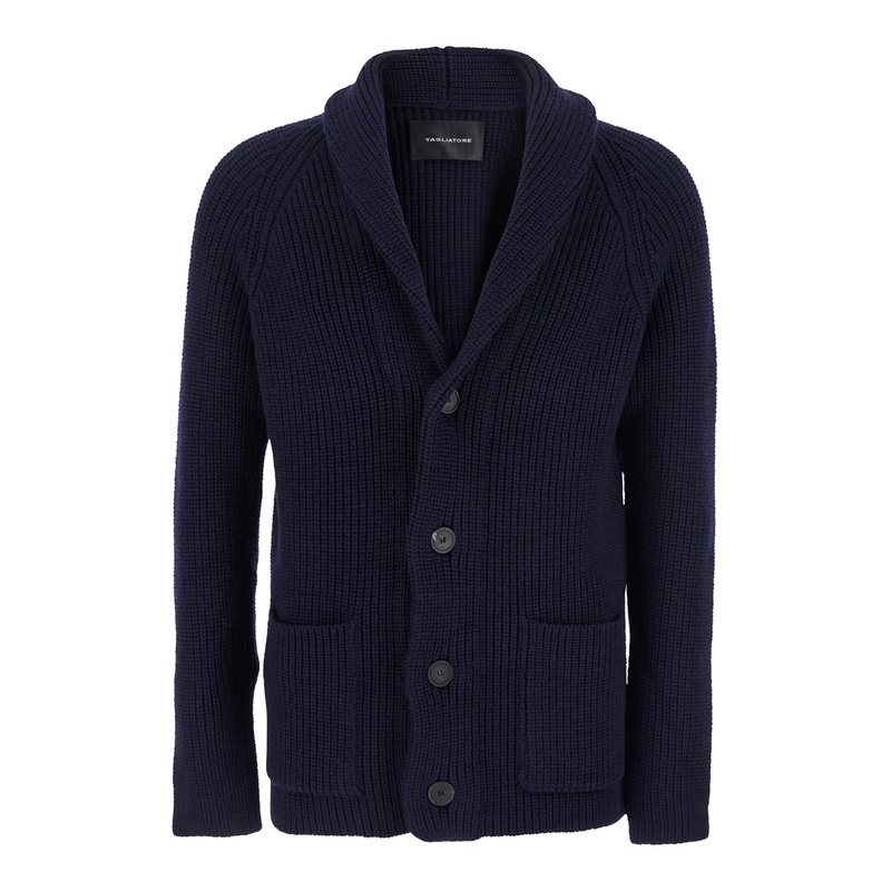 Blue Knit Cardigan with V Neck in Wool Man