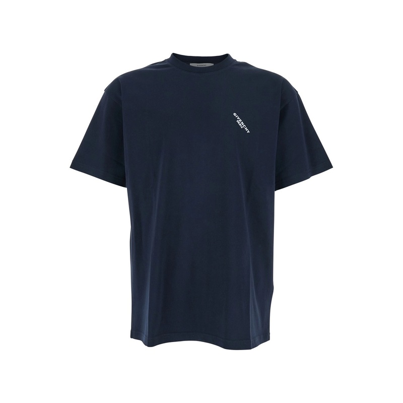 Blue T-Shirt with Diagonal Embroidered Logo in Cotton Man