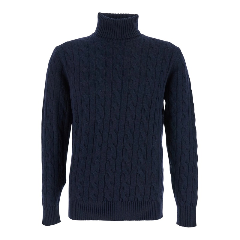 Blue Turtleneck Sweater with Braided Design in Wool Man