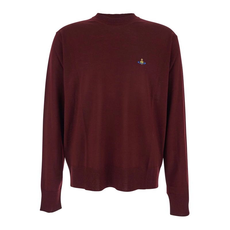 Bordeaux Crew Neck Sweater with Dropped Shoulders and Orb Logo on the Front in Wool Blend Man