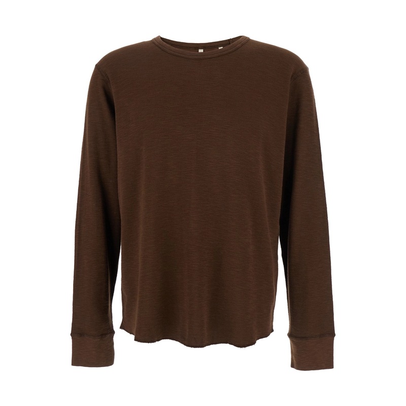 Brown Crewneck T-Shirt with Long Sleeves and Fringed Hem in Cotton Man