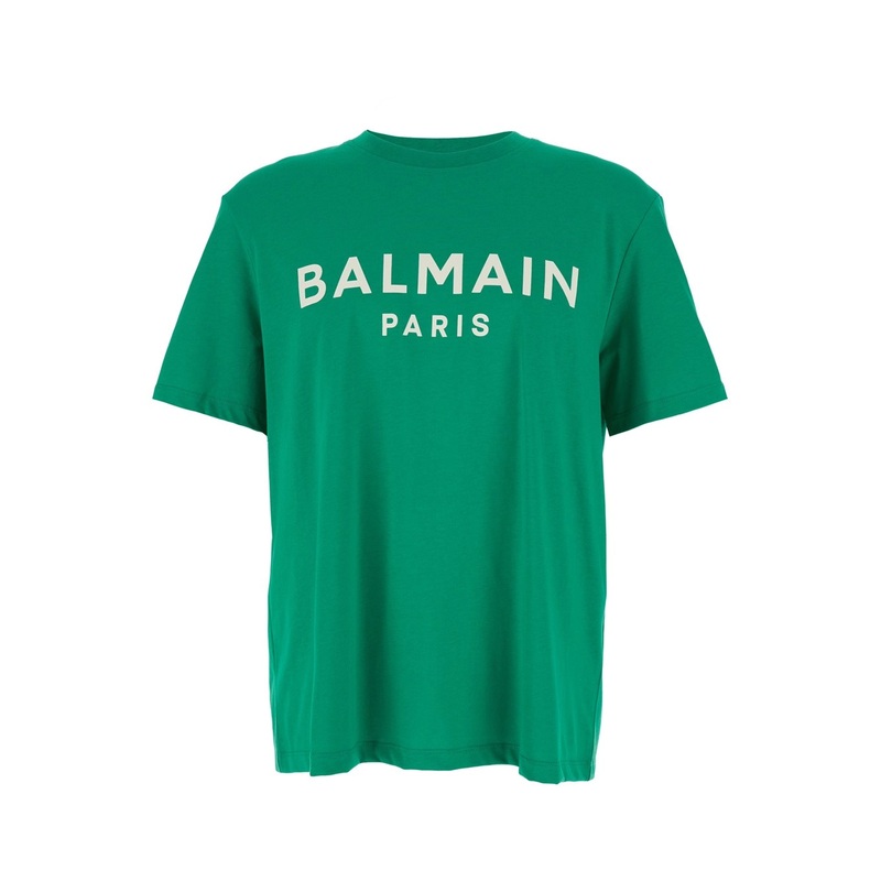 Green Crewneck T-Shirt with Logo Lettering Print on the Front in Cotton Man