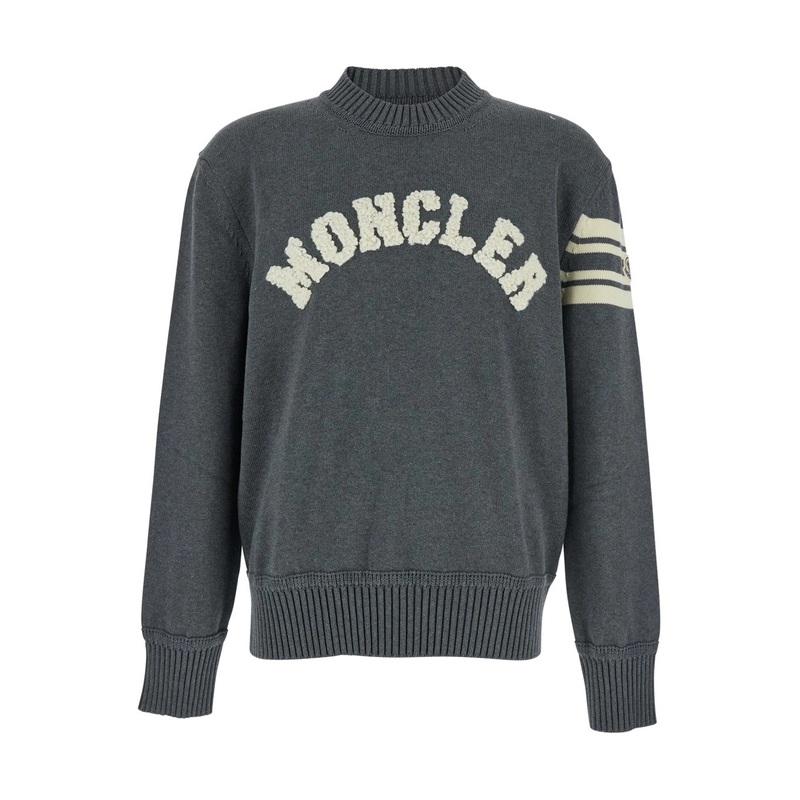 Grey Crew-neck Sweater with Embossed Logo on Front in Cotton Man