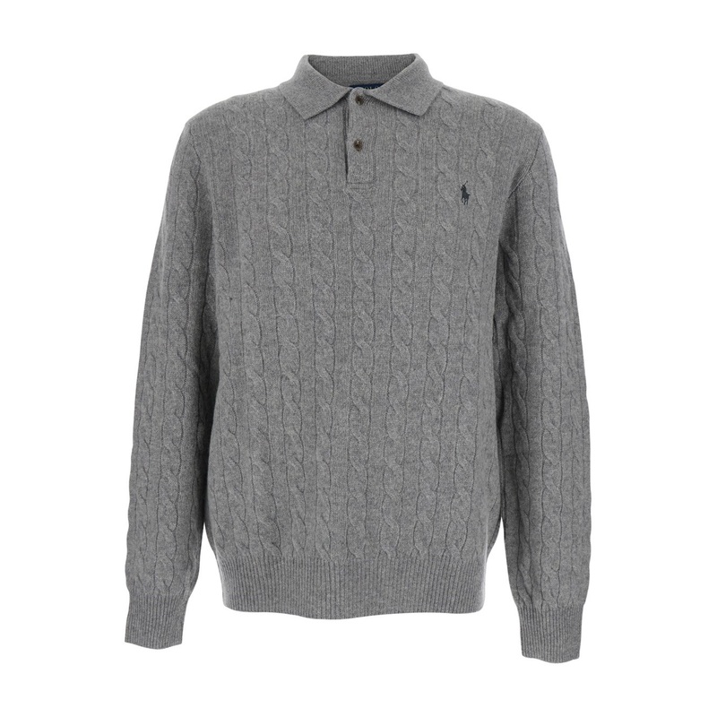Grey Sweater with Polo Shirt Style Collar and Pony Embroidery on the Front in Wool and Cashmere Man
