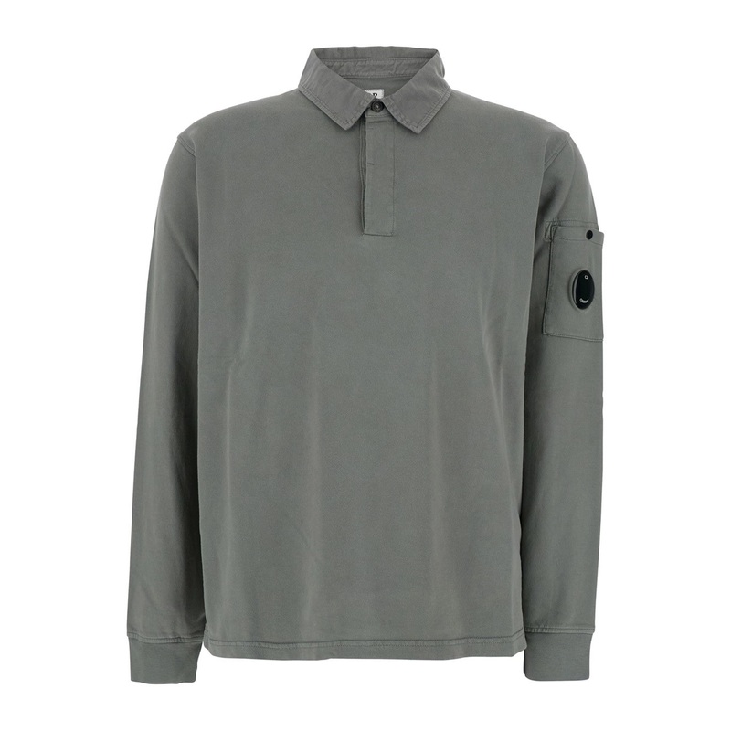 Grey Sweatshirt with Polo Shirt Style Collar and Logo Plaque on the Sleeve in Cotton Man