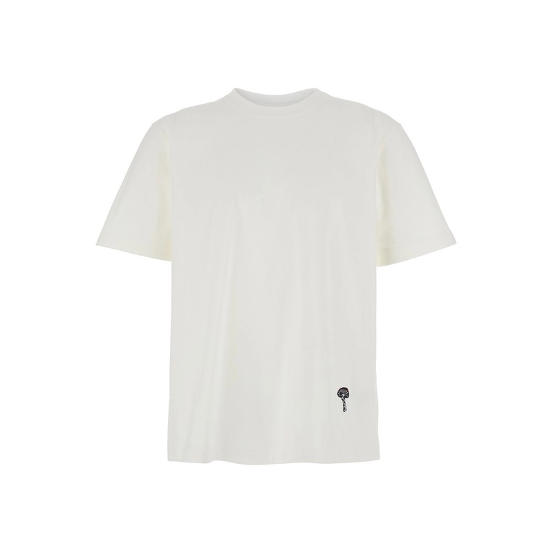 White Crewneck T-Shirt with Mushroom Embroidery on the Front in Cotton Man