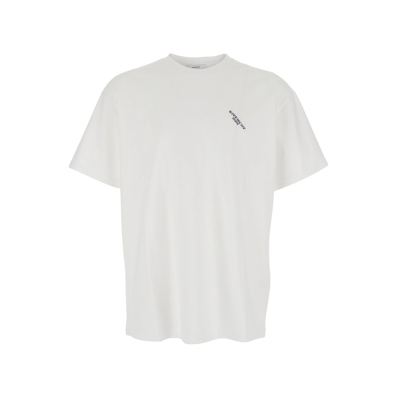 White T-Shirt with Diagonal Embroidered Logo in Cotton Man