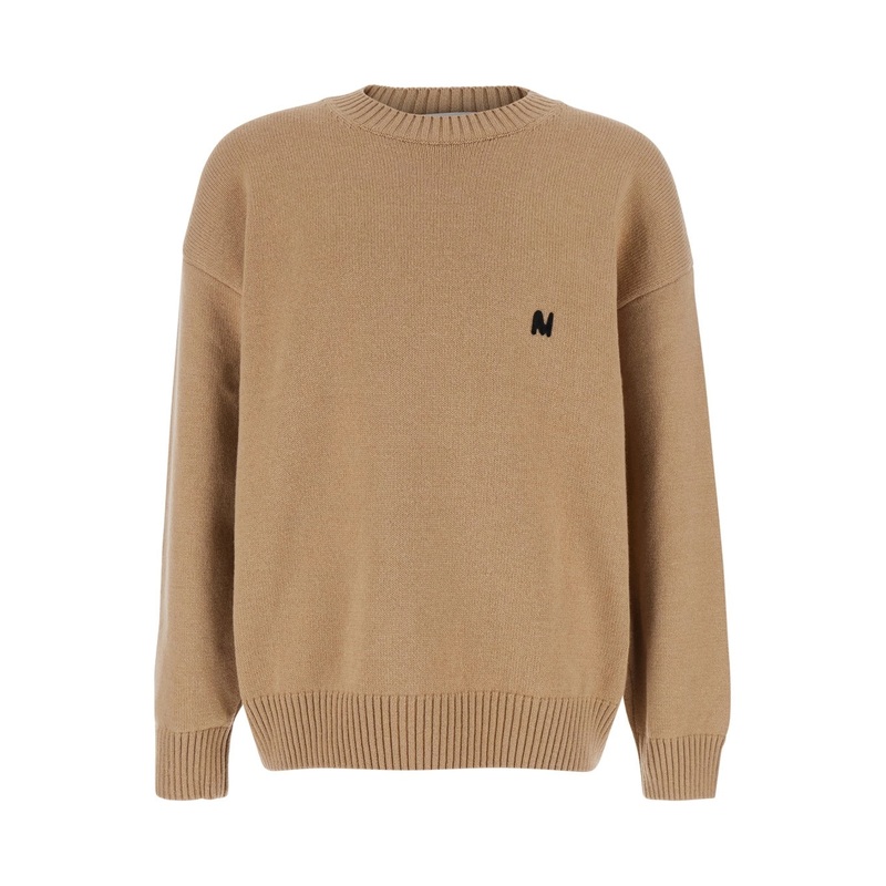 Beige Crew Neck Sweater with Front Logo in Wool Man