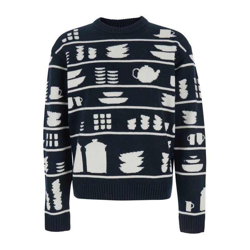 Black and White Crewneck Sweater with Tableware Motif in Wool Man