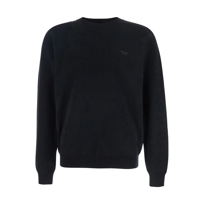Black Crew Neck Sweater with Fox Patch on the Front in Wool Man