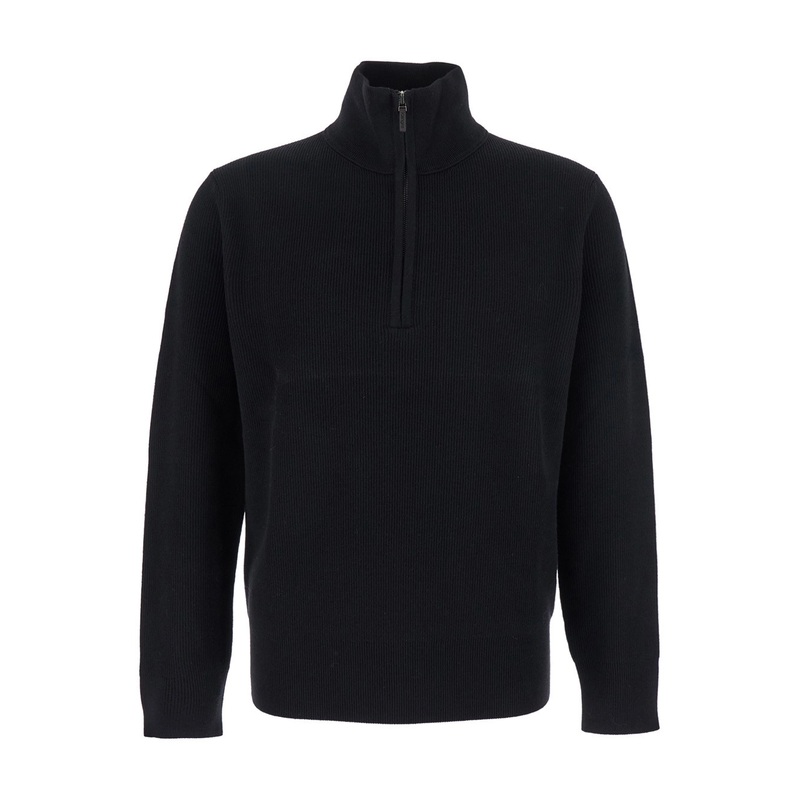 Black Sweater with High Neck and Half Zip Closure on the Front in Wool Man