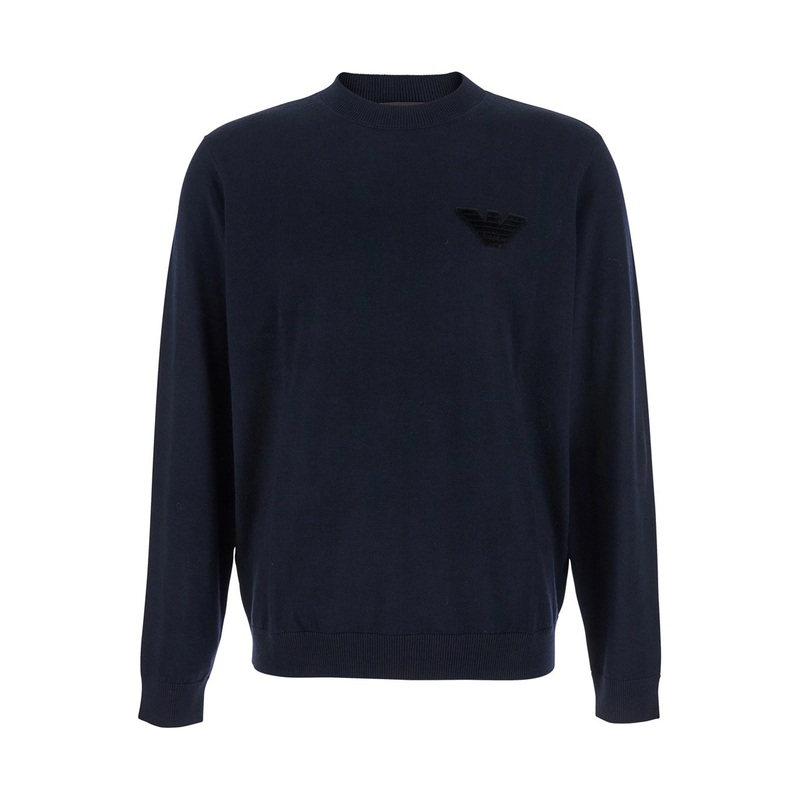 Blue Crewneck Sweater with Logo Embroidery on the Front in Wool Man