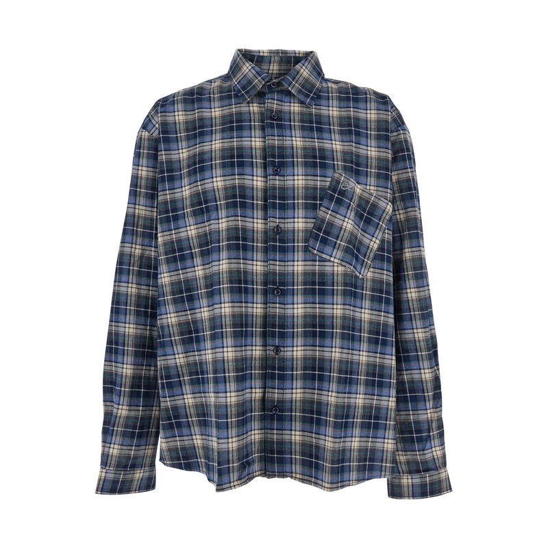 Blue Shirt with Check Pattern and Logo Lettering on the Back in Flannel Man