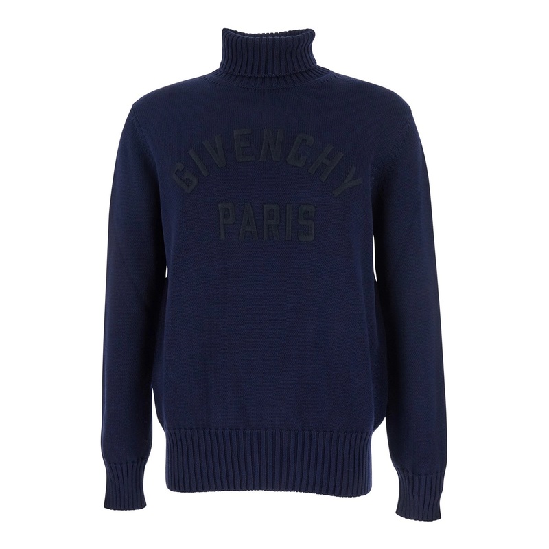 Blue Turtleneck Sweater with Logo Lettering on the Front in Wool Man