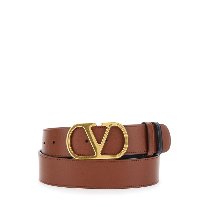 Brown Reversible Belt with VLogo Buckle in Leather Man