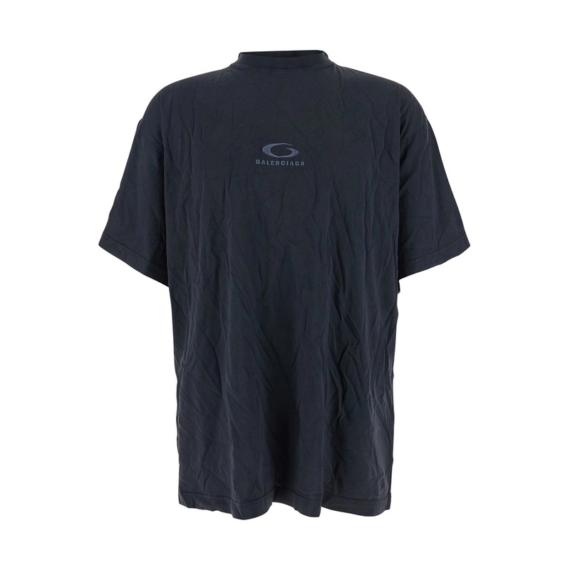 Dark Grey Crew Neck T-Shirt with Front Logo Print and Crinkled Design in Cotton Man