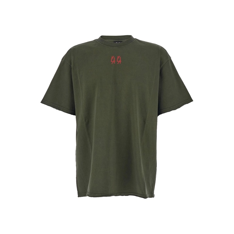 Green Crewneck T-Shirt with Dropped Shoulders and Logo Print on Front and Rear in Cotton Man