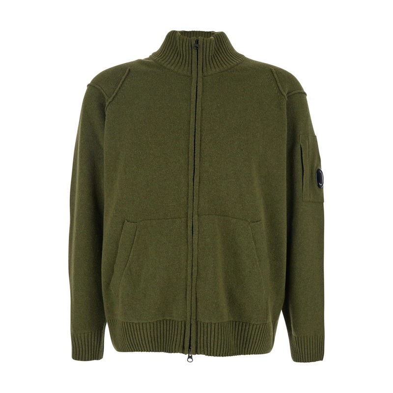 Green Jacket with High Neck and Logo Plaque on the Sleeve in Wool Blend Man