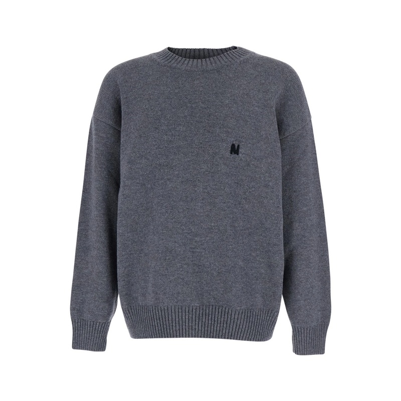 Grey Crew Neck Sweater with Front Logo in Wool Man
